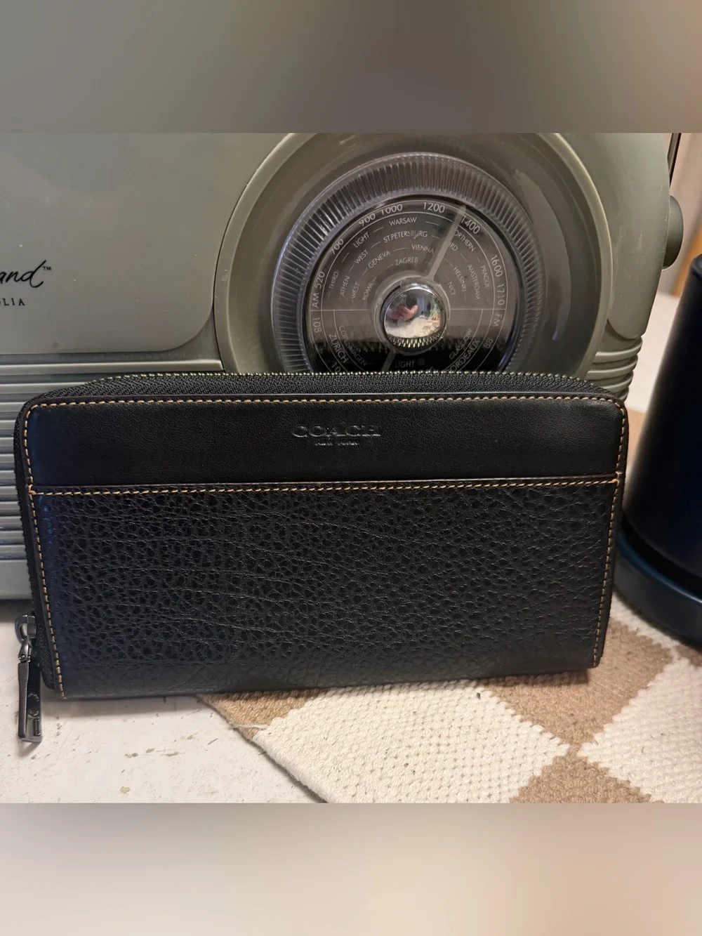 Coach Black Leather Zip Wallet with Contrast Stitching